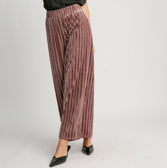 Umgee Velvet High-Rise Retro Pants Wide Leg Boho Metallic Stripe Elastic Waist - Picture 12 of 12